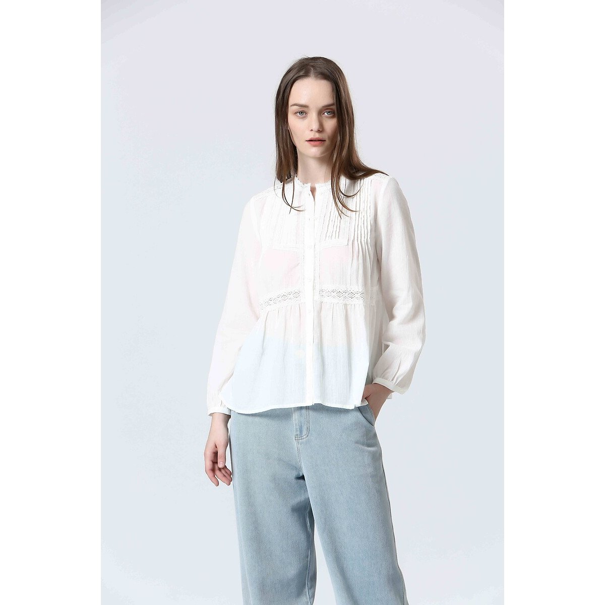 Long Sleeve Blouse with Lace Detail ecru , SEE U SOON