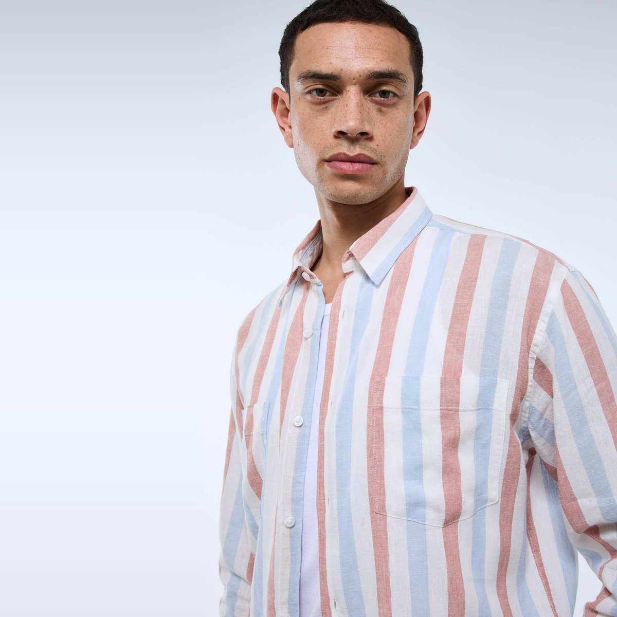 Chemise manches longues rayée en mélange lin aube, MONOPRIX