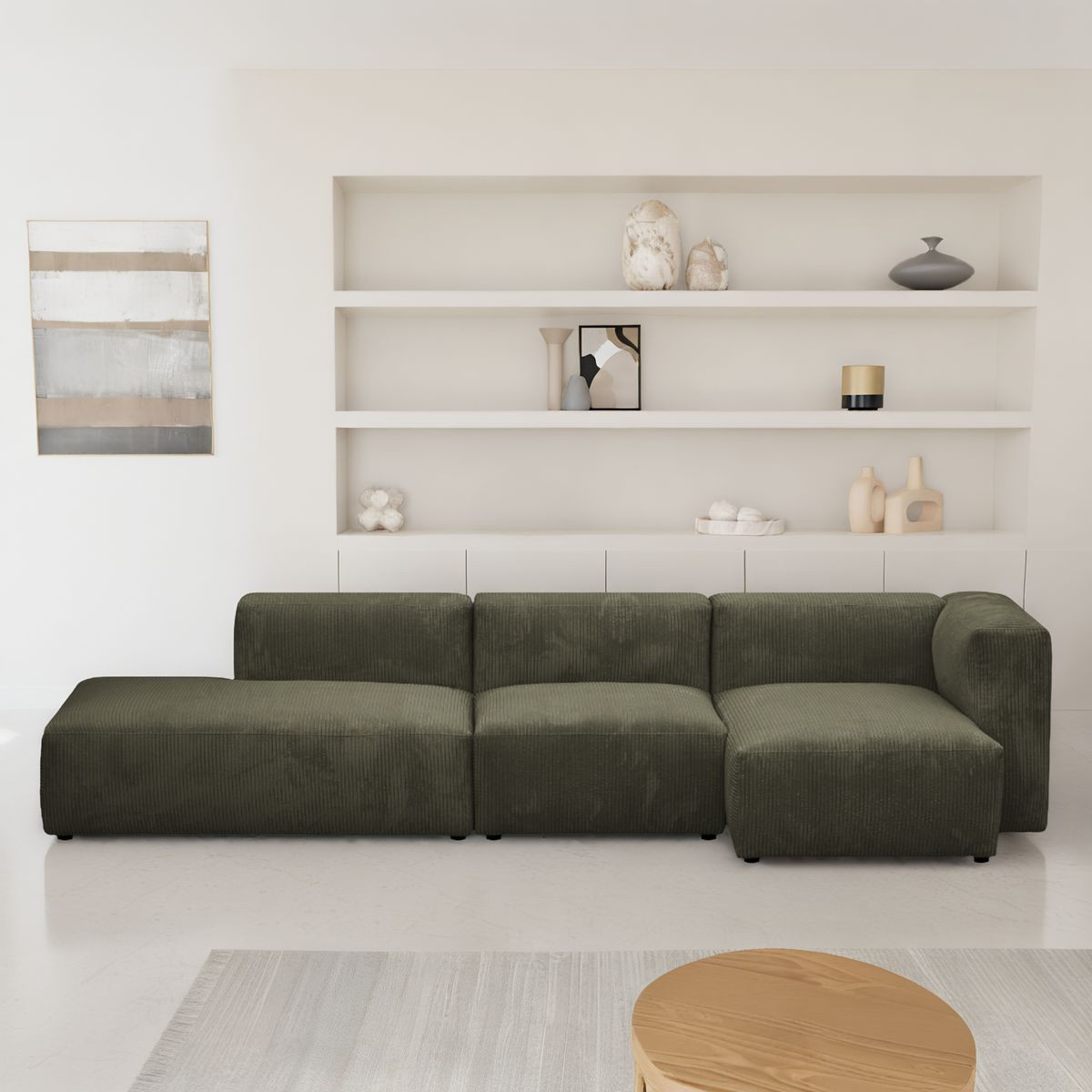 Canapé d'angle à droite modulable 5 places en velours côtelé - MODULO vert kaki, HOMIFAB