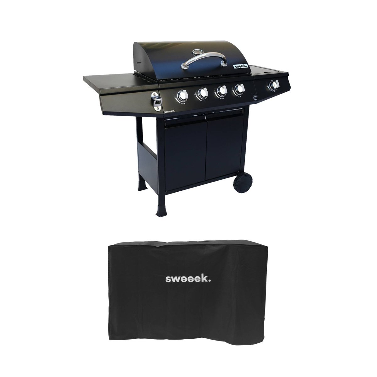 Barbecue gaz 4 brûleurs + 1 feu latéral avec roues, tablettes, thermomètre et housse TREVILLE 4 AVEC HOUSSE noir, SWEEEK