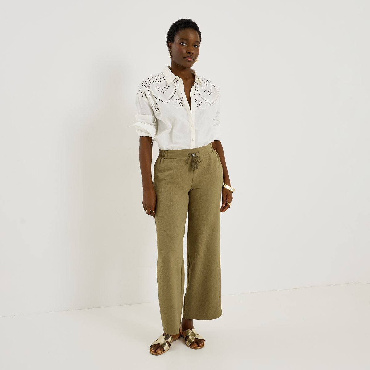 Pantalon fluide taille élastiquée vert kaki, GRAIN DE MALICE