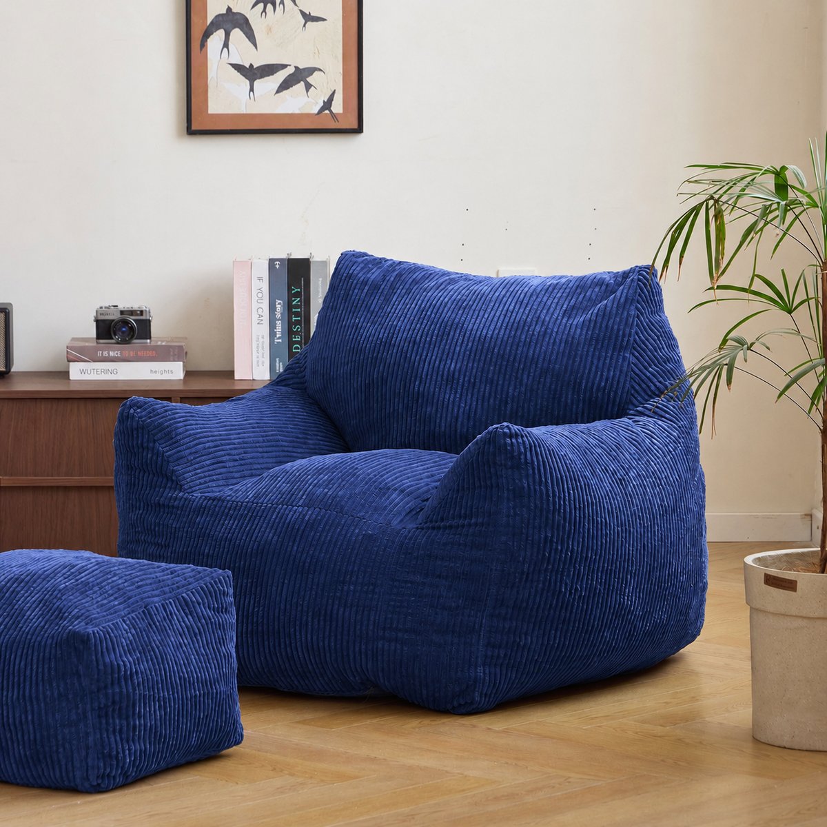 Pouf de salon et repose pieds, velours côtelé, SABY bleu, NORDLYS