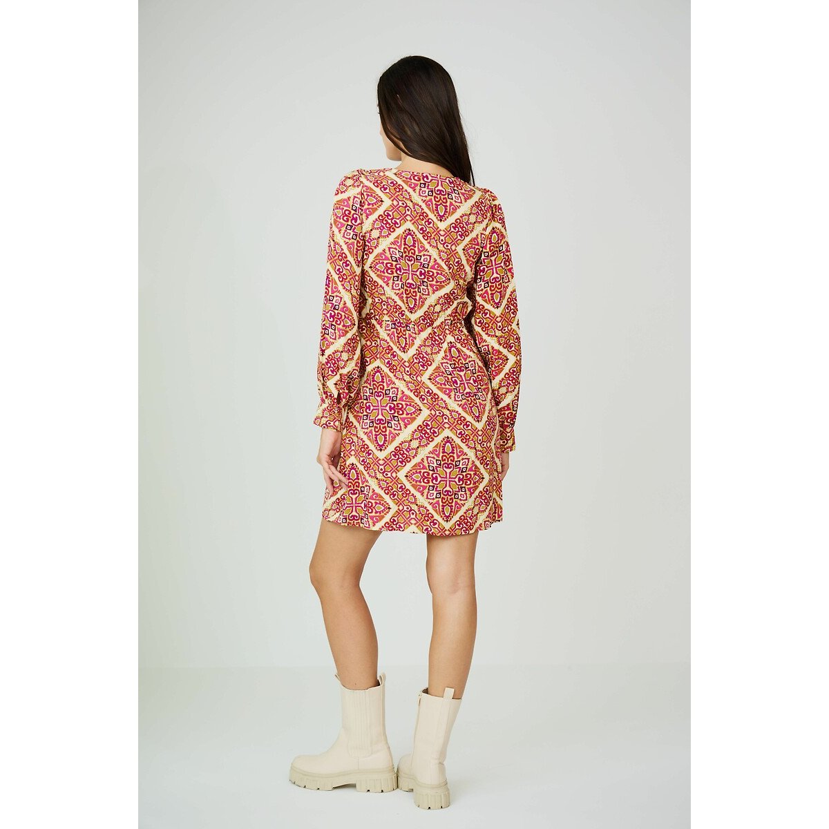 Tribal Print Mini Dress with V-Neck and Long Sleeves print/beige background, SEE U SOON