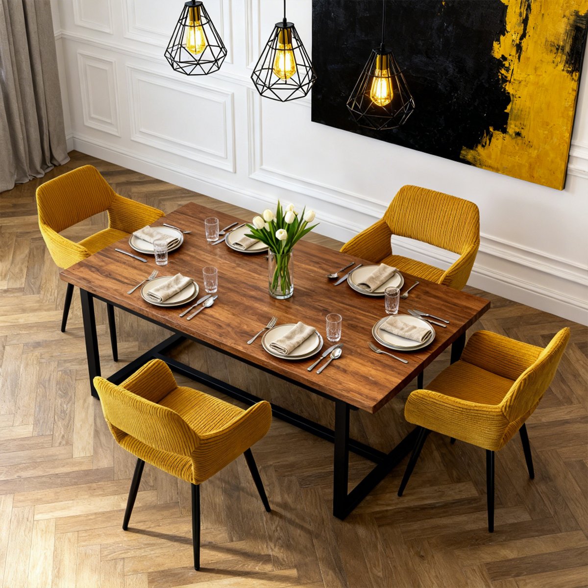 Lot de 4 chaises de salle à manger velours côtelé scandinave, CROMWELL jaune, MEUBLES COSY