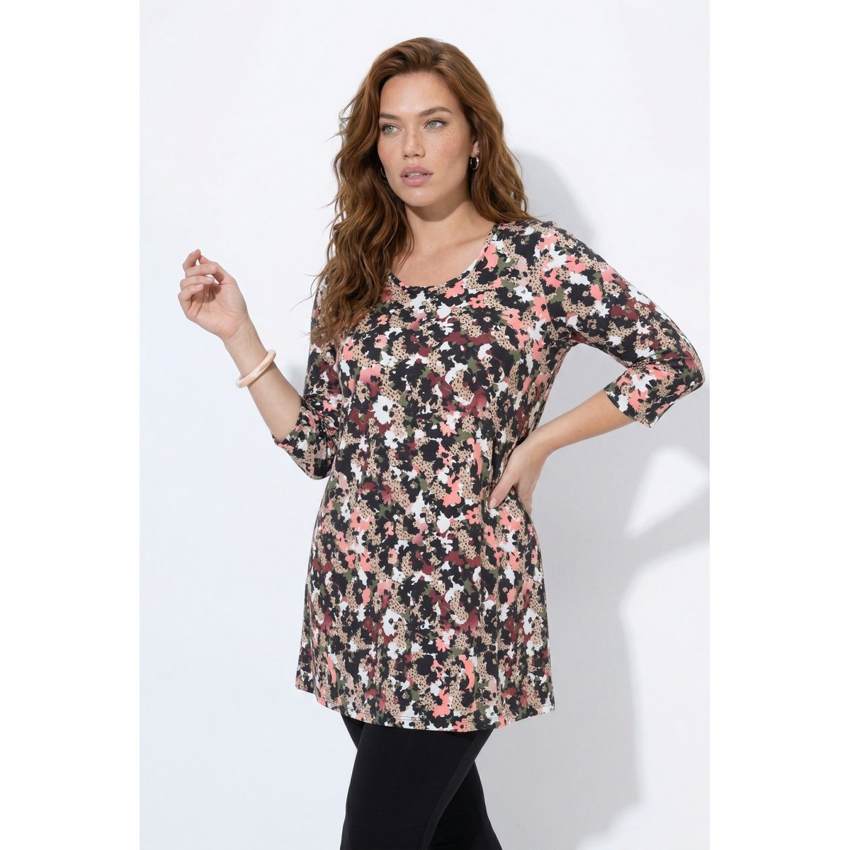 T-shirt long, fleurs, coupe en A, col rond gris olive, ULLA POPKEN