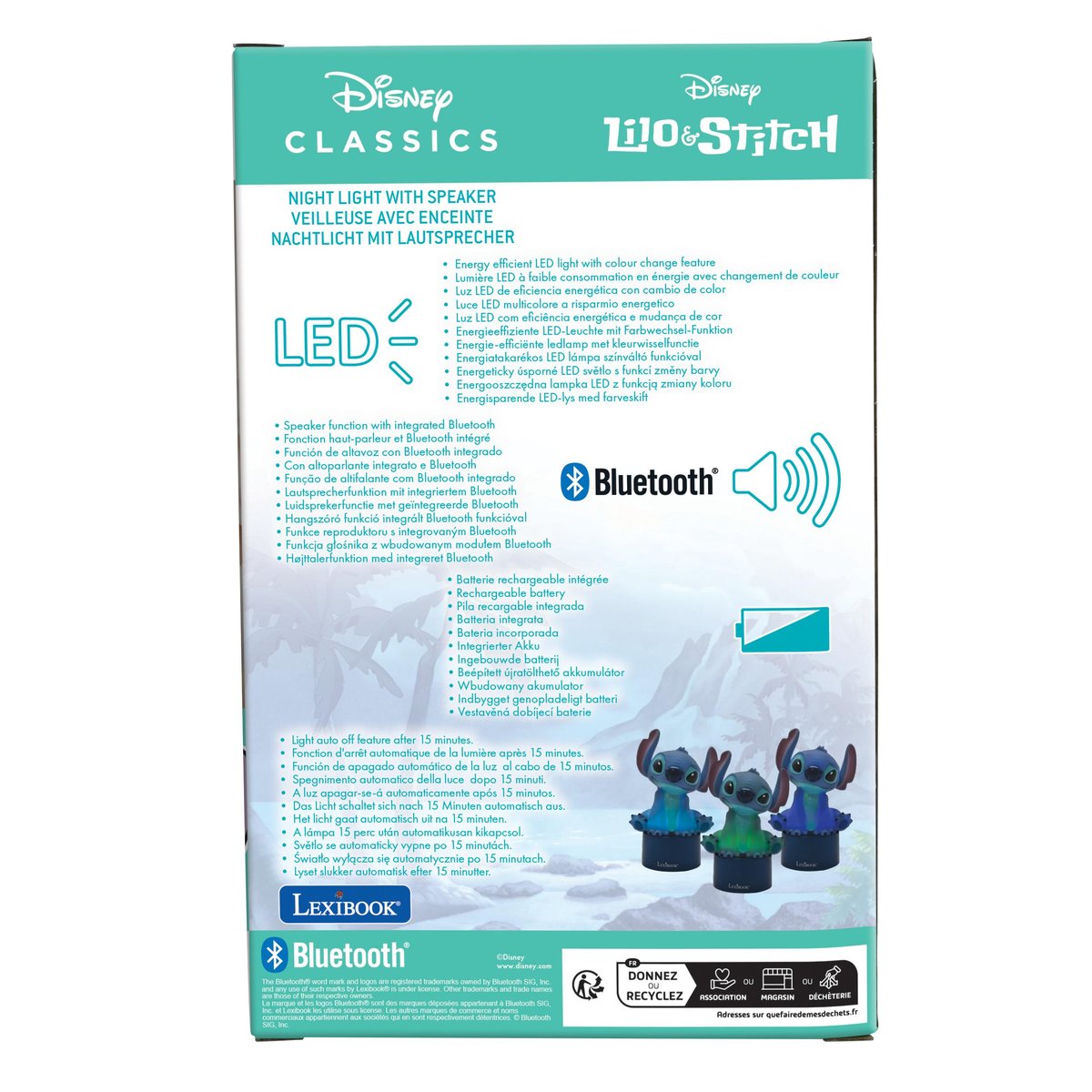 Enceinte Bluetooth veilleuse Stitch bleu, LEXIBOOK
