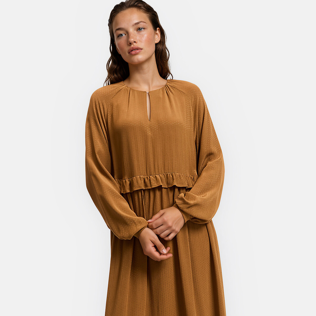 Robe longue fluide à volant manches longues marron camel, LA REDOUTE COLLECTIONS