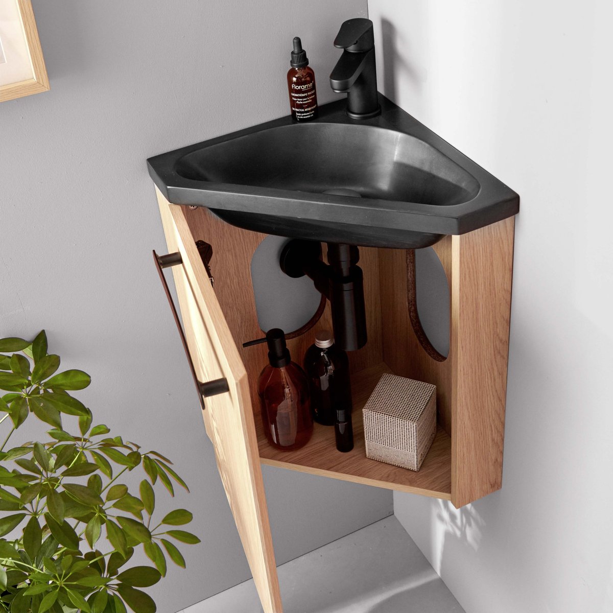 Ensemble lave-mains d'angle suspendu avec robinet noir SKINO décor chêne (vasque noire), MOB IN