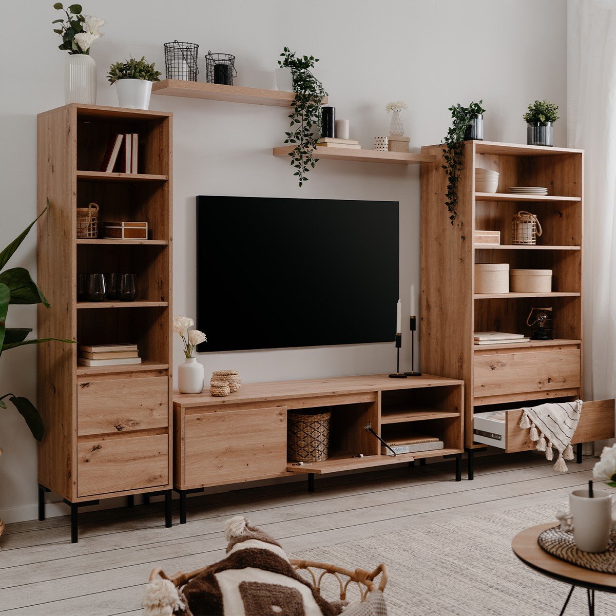 Meuble TV 2 Abattants 2 Niches L150 cm - PLOCK bois clair, CALICOSY