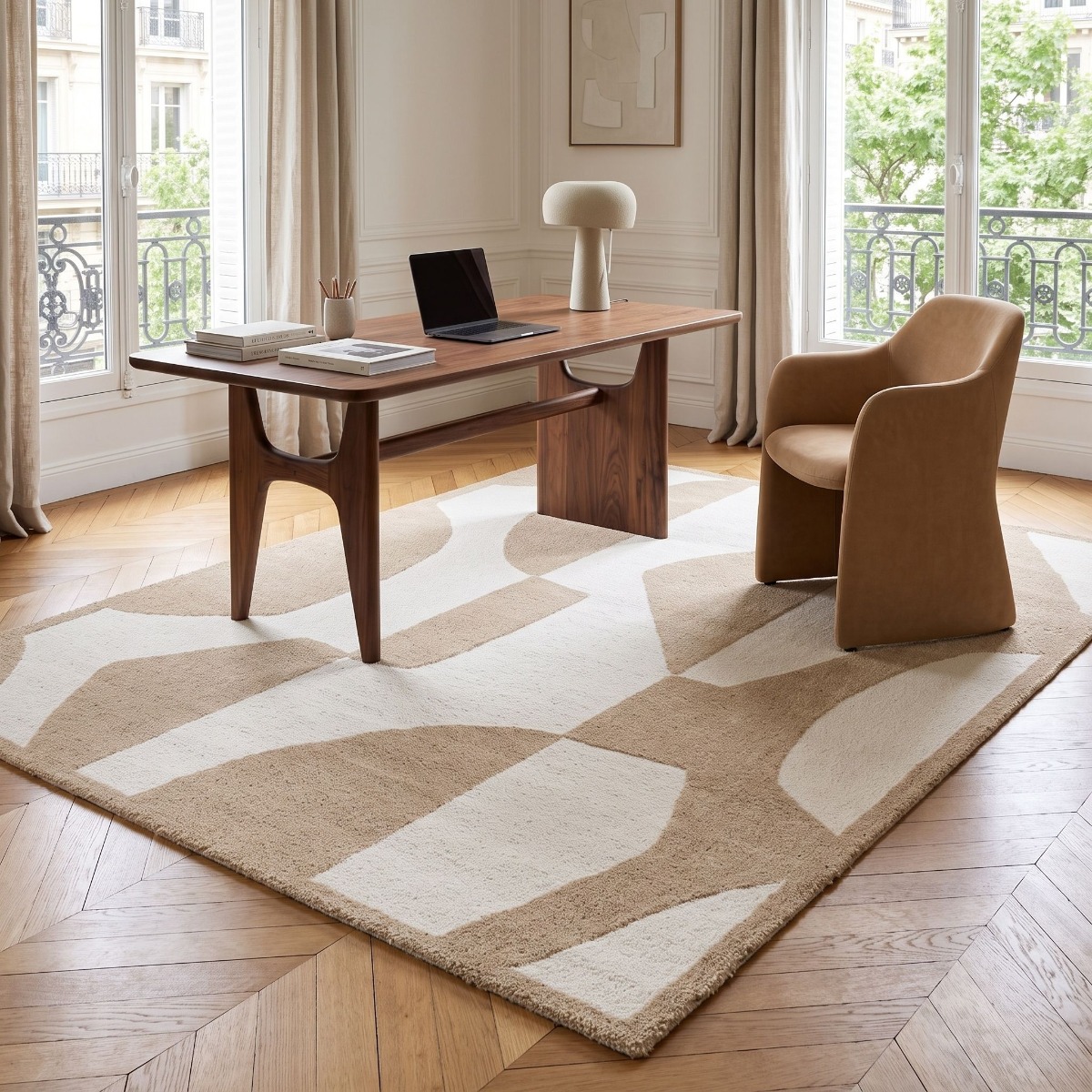 Tapis à reliefs doux géométrique DESIGN DECO beige, THE DECO FACTORY