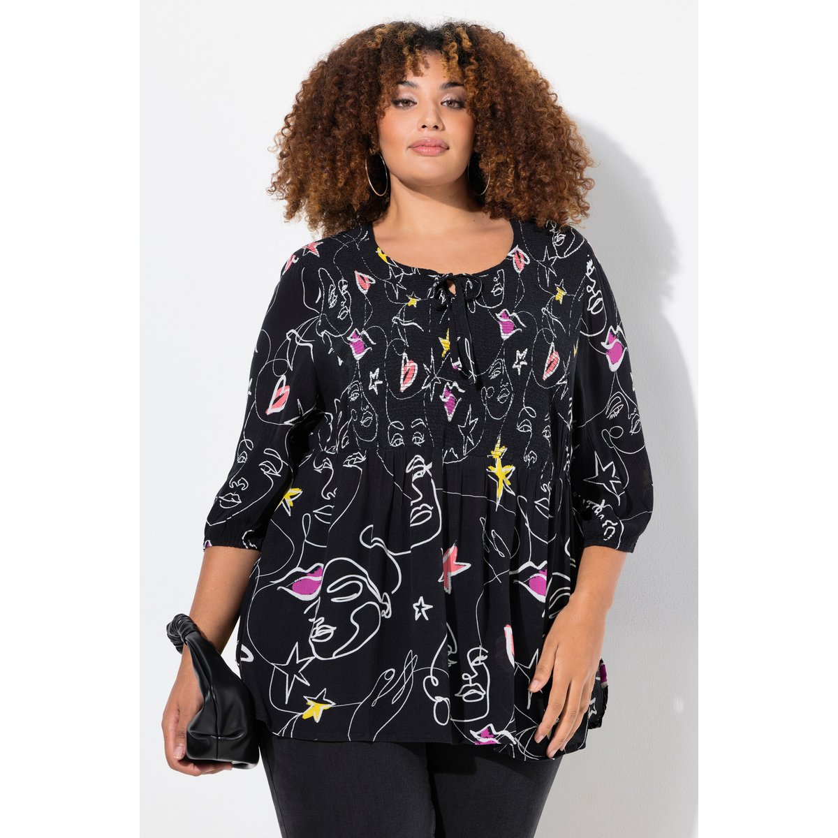 Blouse smockée noir, ULLA POPKEN