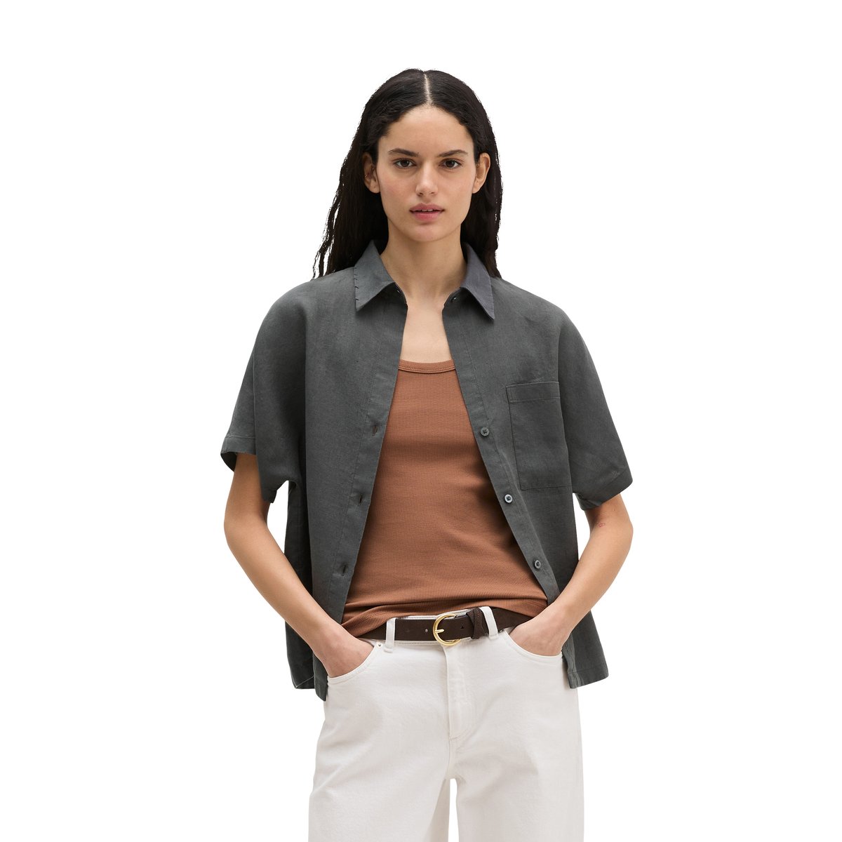 Blouse en lin à manches courtes regular avec de larges plis dans le dos dunkelgrau, MARC O'POLO