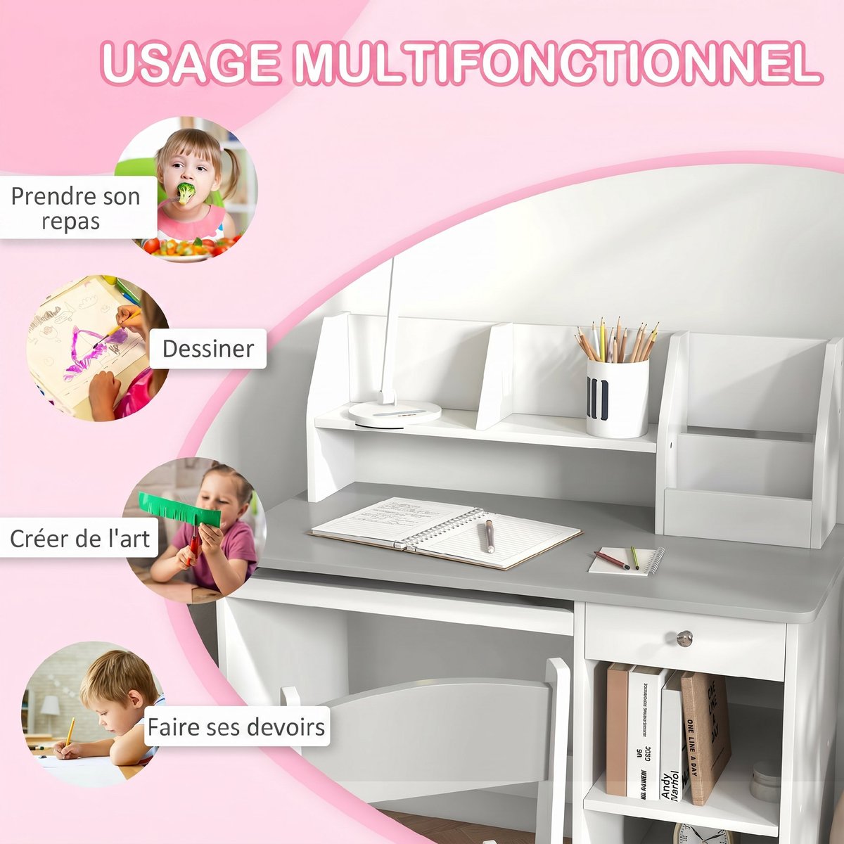 Bureau d'étude pour enfants avec chaise MDF gris et blanc, ZONEKIZ