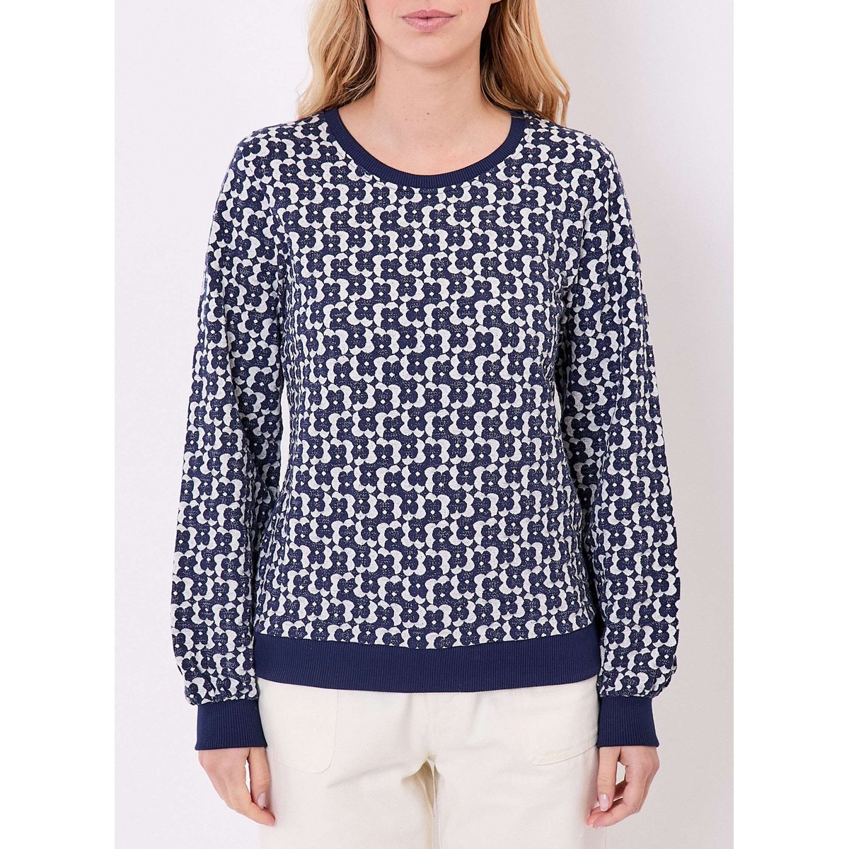 Sweat col rond maille jacquard BASILIE bleu navy, PRINCESSE NOMADE