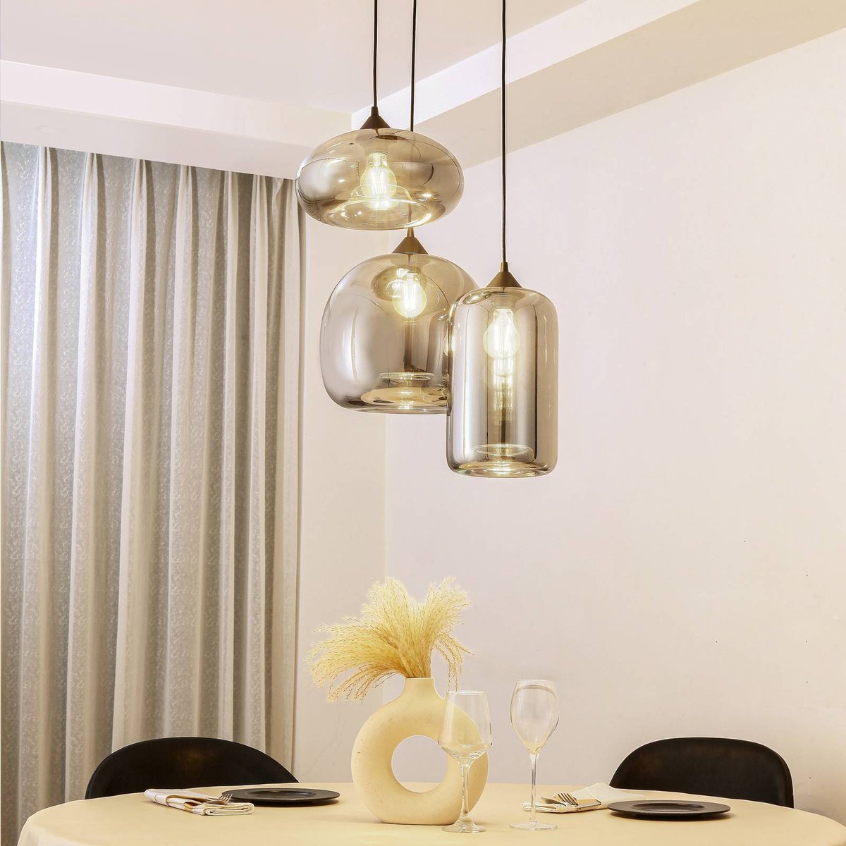 Suspension en verre moderne, Marla noir, gris fumé, LINDBY