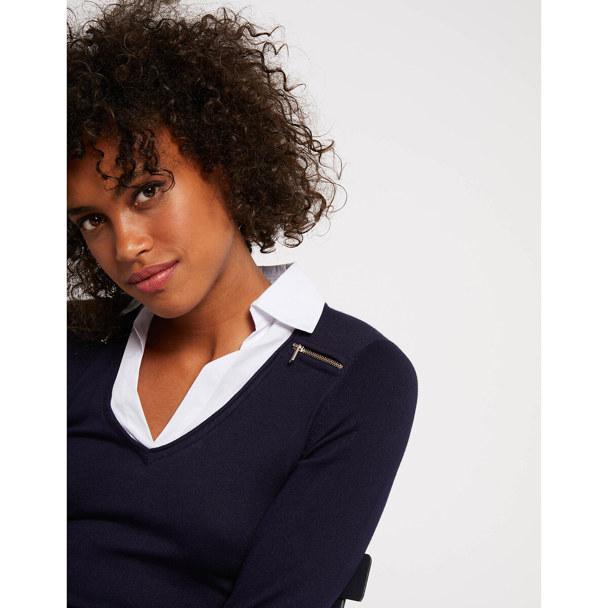 Pull chemise 2 en 1 détails zips épaules marine/blanc, MORGAN