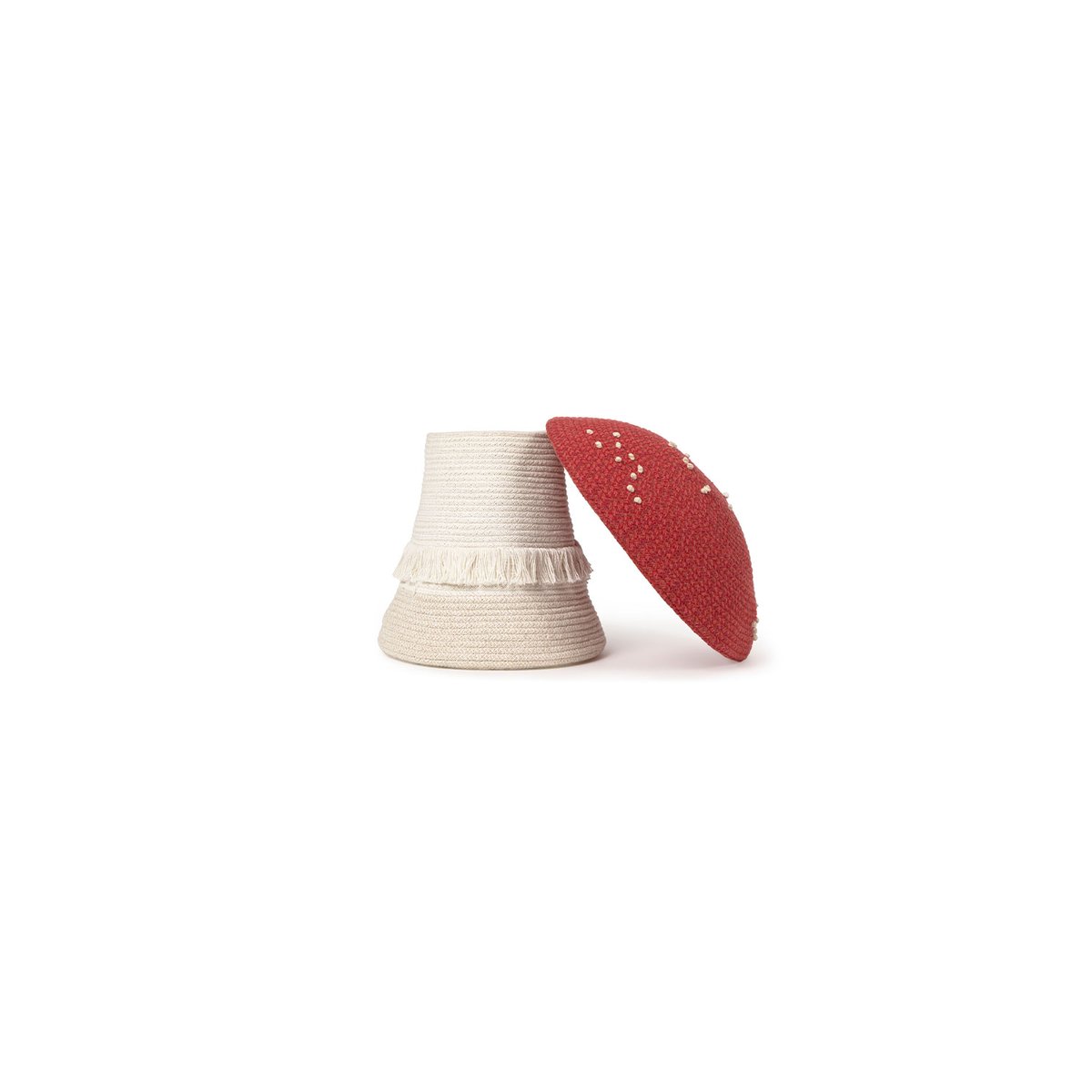 Champignons en panier BACK TO SCHOOL rouge, terre cuite neuve, aubergine, rouge vintage, rouge érable, ivoire, naturel, LORENA CANALS