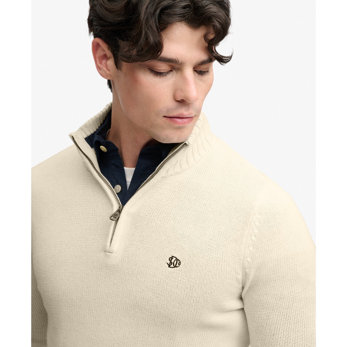 Pull Maille Demi-Zip Coupe Ajustée crème, SUPERDRY