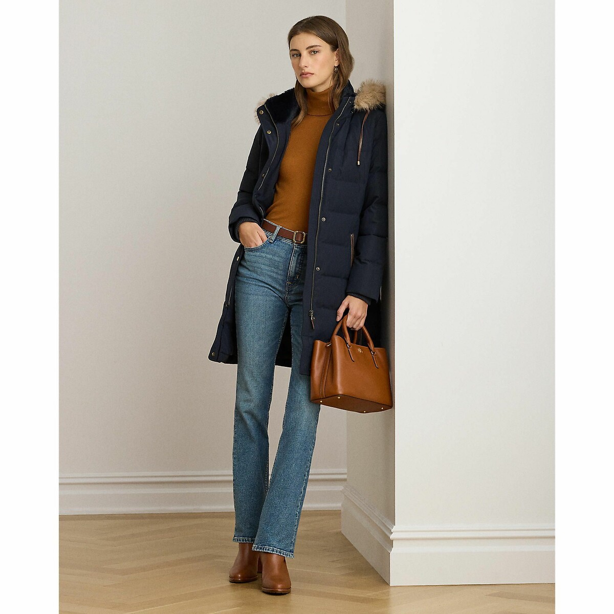 Chaqueta acolchada semilarga con capucha azul marino, LAUREN RALPH LAUREN