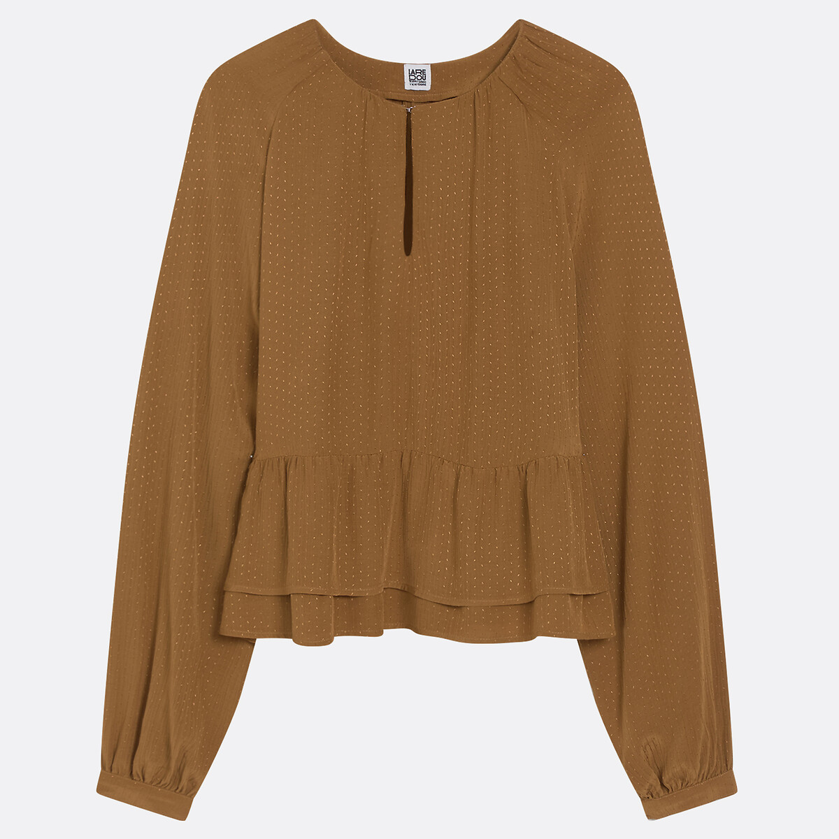 Ruffled Long Sleeve Crew Neck Blouse camel brown, LA REDOUTE COLLECTIONS