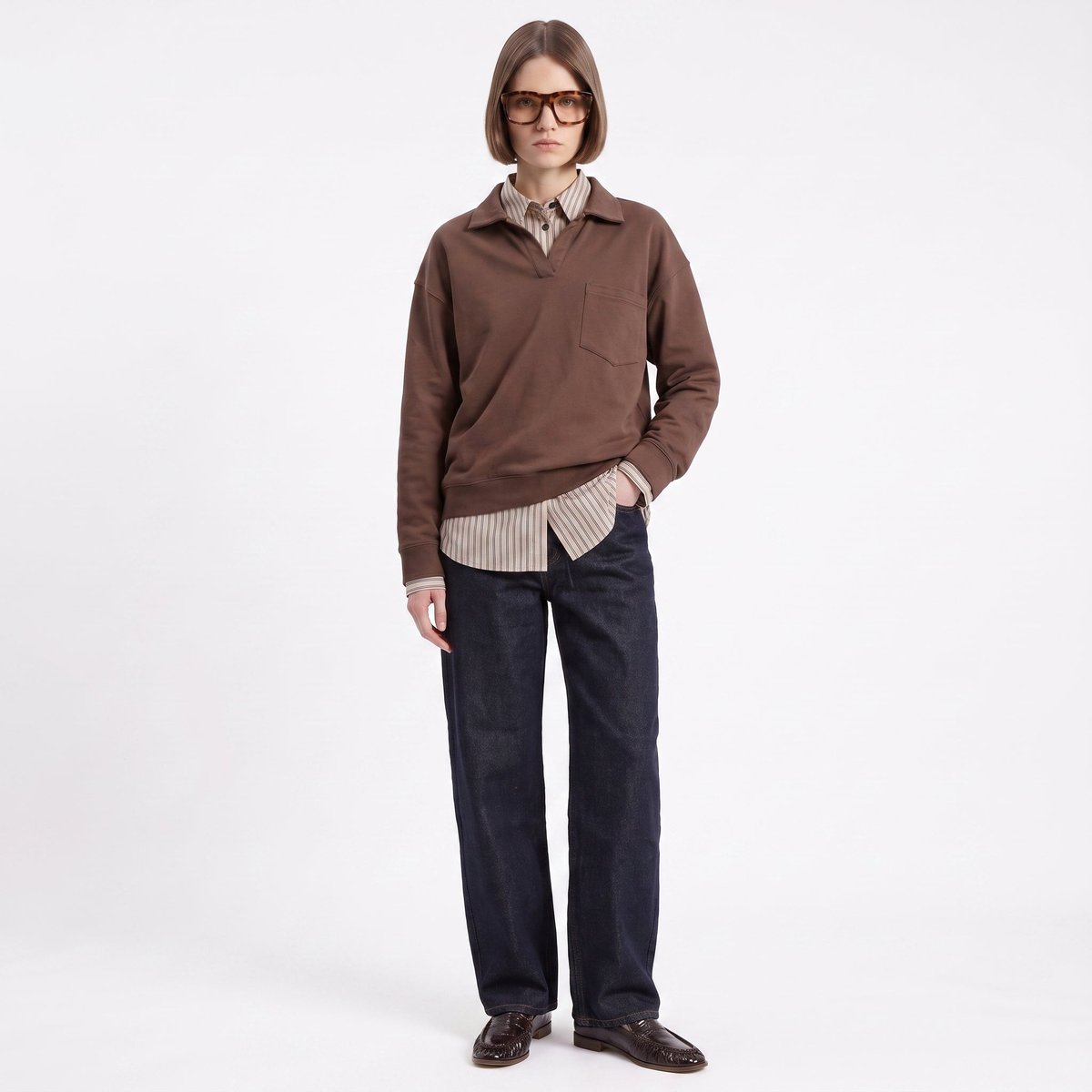Sweat col polo ouvert poche plaquée manches longues TEMELIS brown, ARTLOVE