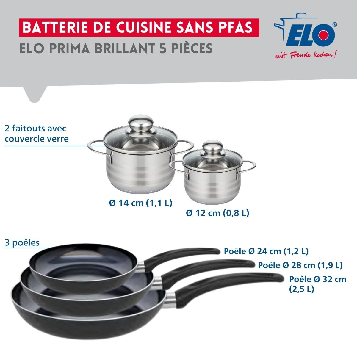 Batterie 3 poêles 24/28/32cm + 2 faitouts 12/14cm PRIMA BRILLANT noir, ELO