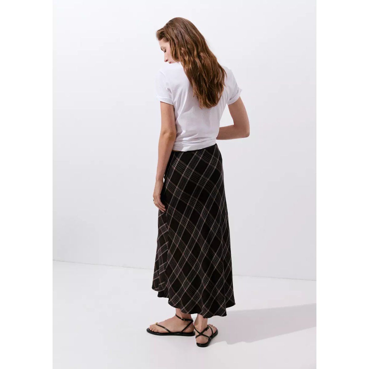 Jupe midi carreaux marron, MANGO
