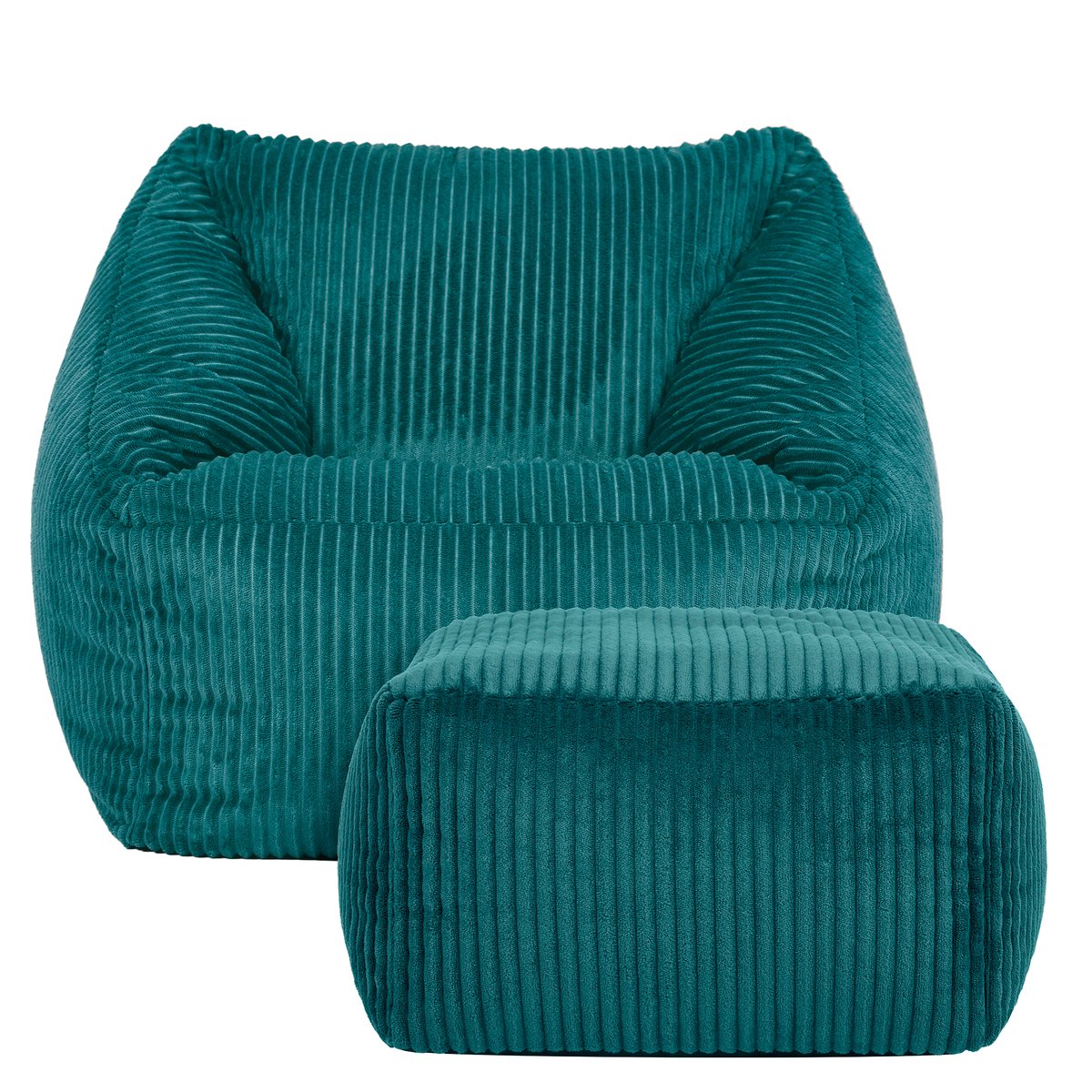 Pouf fauteuil enfant avec repose-pied carré en velours côtelé Oeko-Tex® - NATALIA bleu canard, ICON