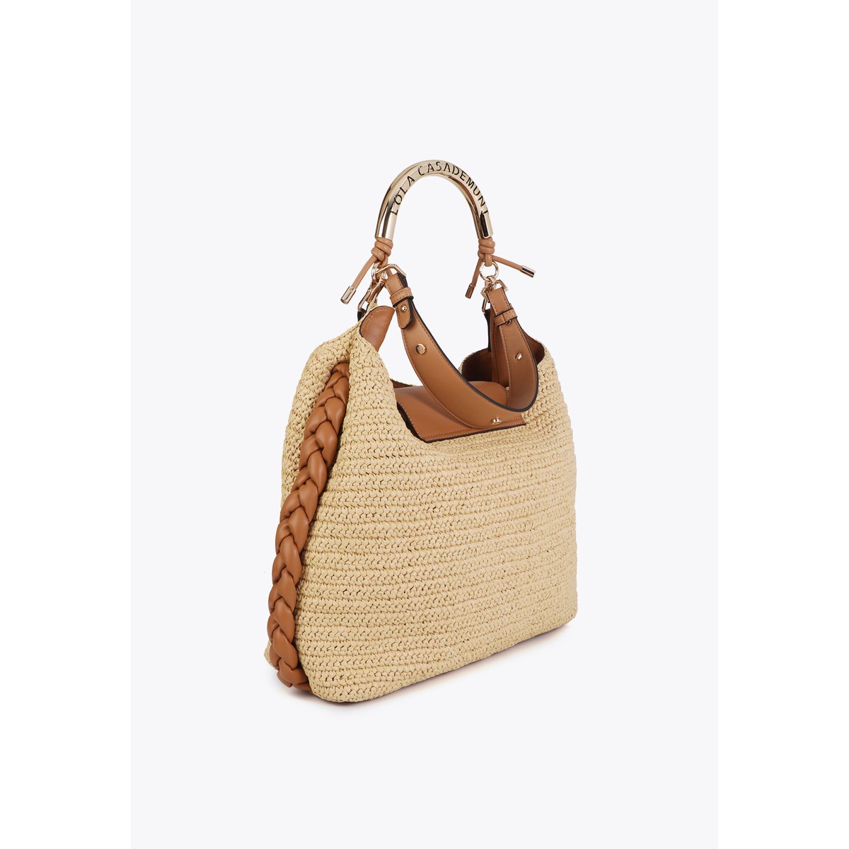 Sac à main effet raphia à poignée rigide siglée et motif tressé beige, LOLA CASADEMUNT
