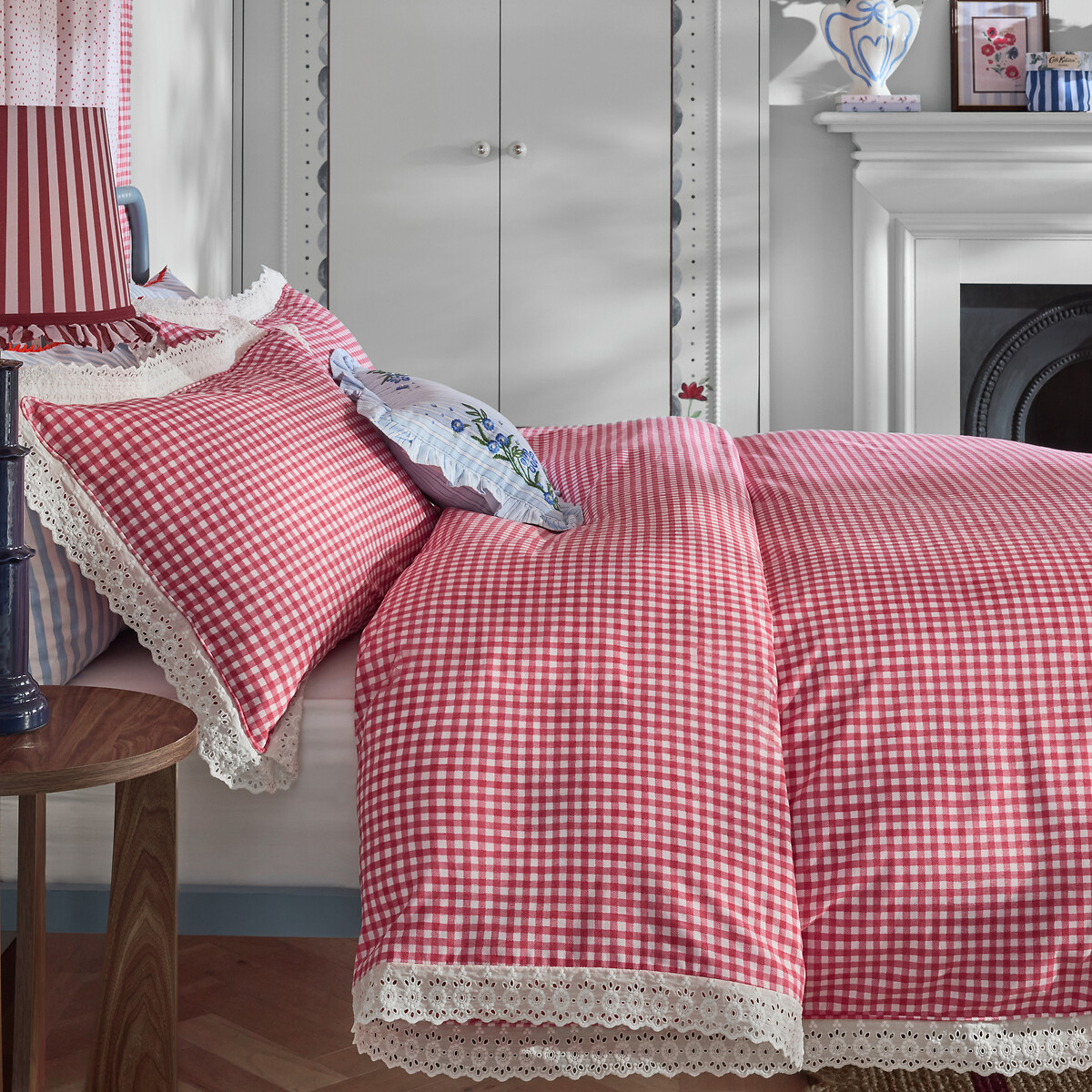 Painted Gingham Lace Reversible Cotton Duvet Cover and Pillowcase Set red, CATH KIDSTON