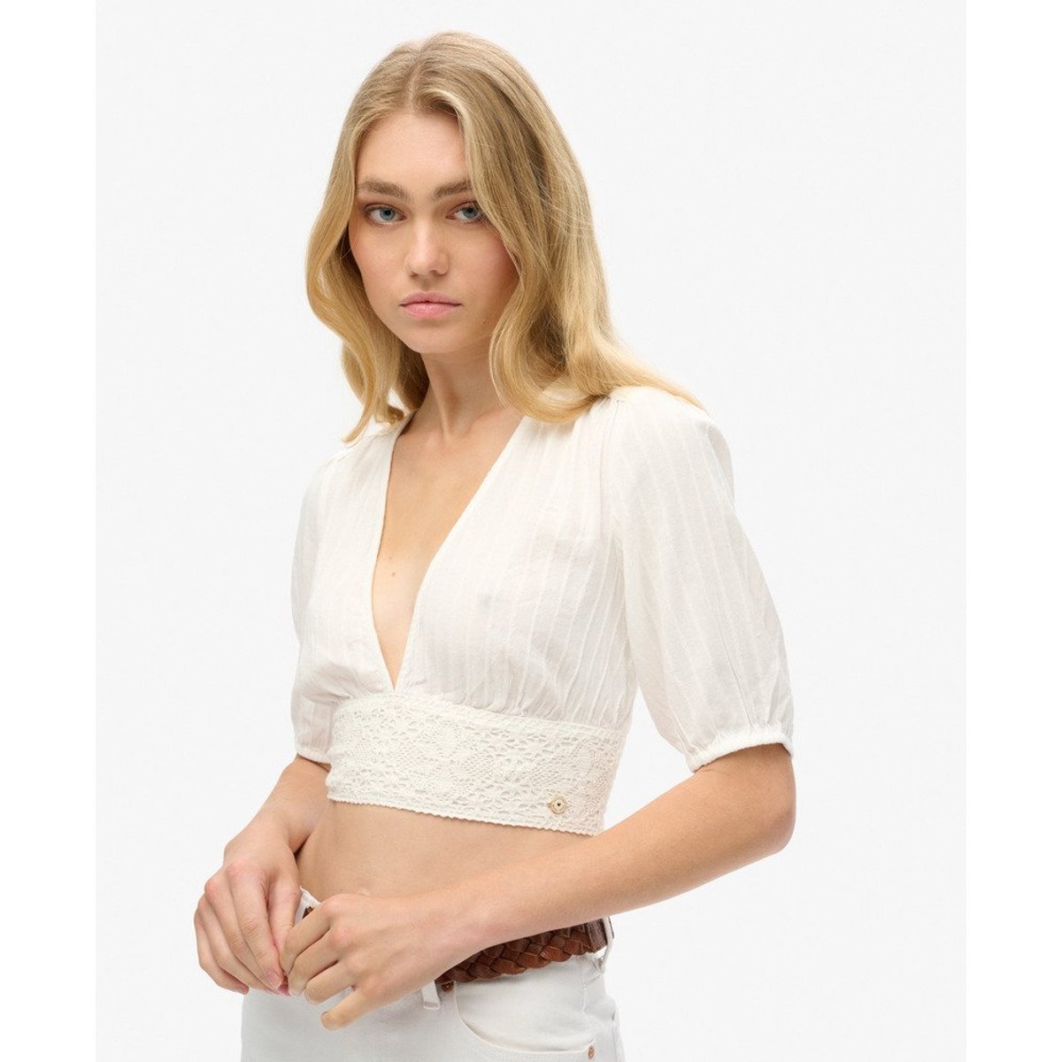 Haut à manches courtes et liseré en dentelle Ibiza blanc cassé, SUPERDRY
