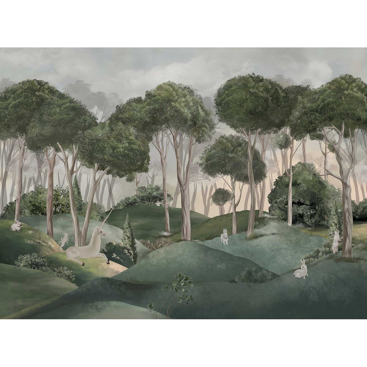 Papier peint licorne Le Conte de la Licorne vert, HEXOA