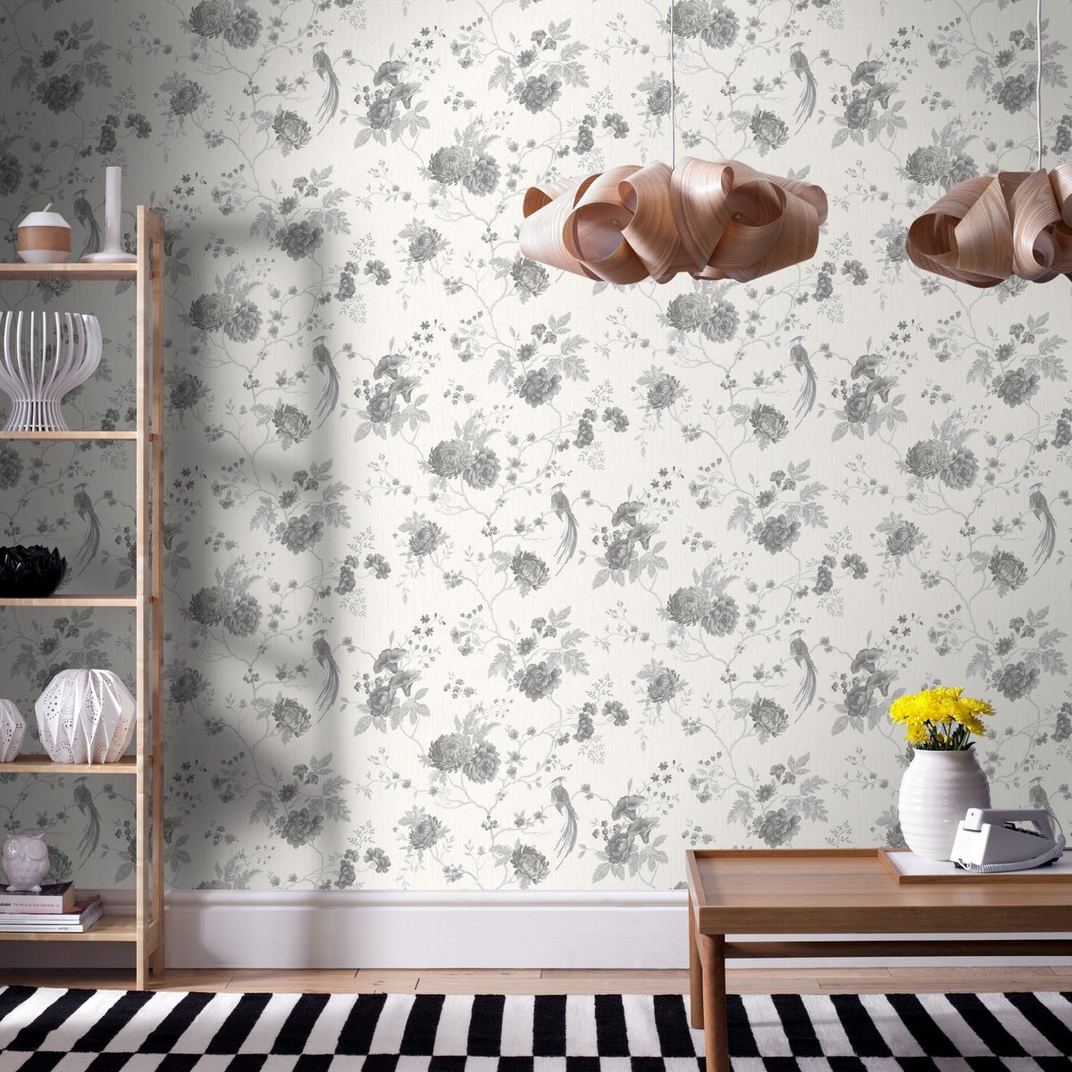 Papier peint Fleurs scintillantes et oiseaux exotiques blanc gris, BOUTIQUE