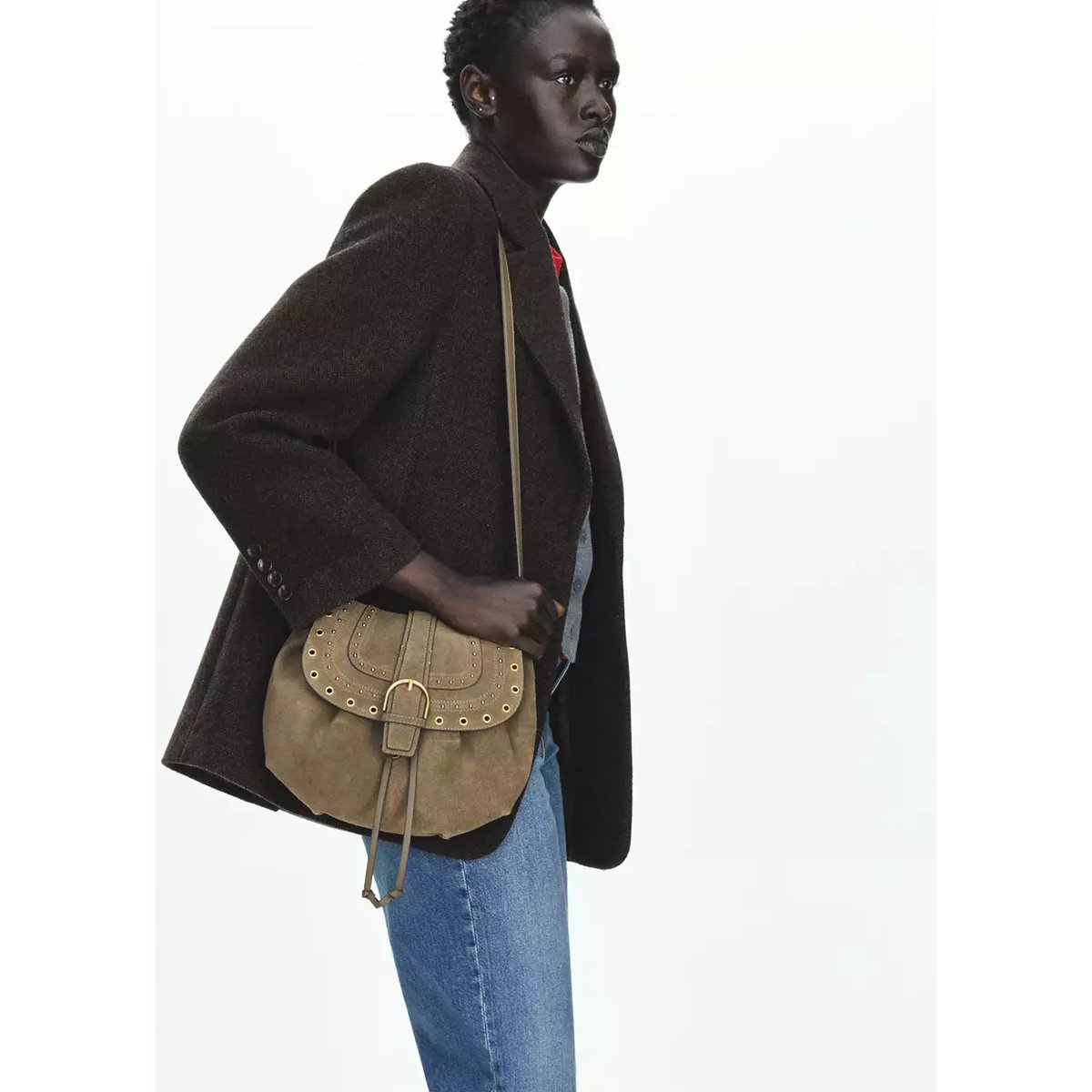 Sac en cuir suédé à clous kaki, MANGO