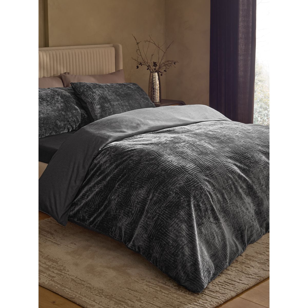 Parure de lit en velours à motif géométrique gris, NEXT