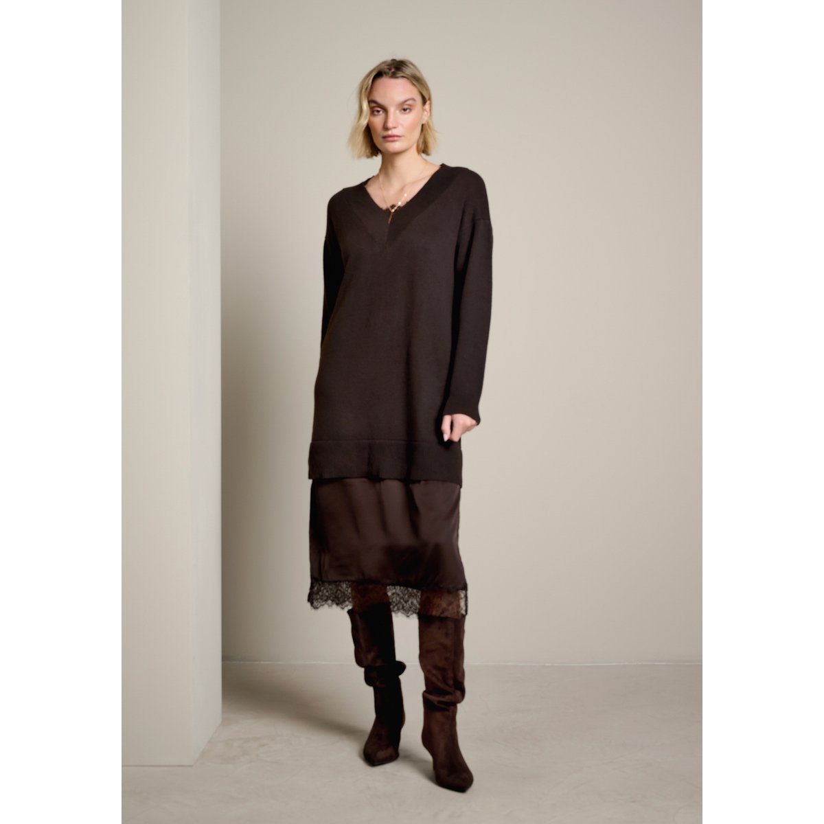 Robe midi bi-matière brun fonce chocolate, LOLALIZA
