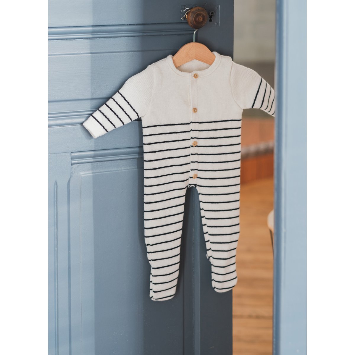 Combinaison à Pieds - Petit Marin ecru rayé marine, LA MANUFACTURE DE LAYETTE