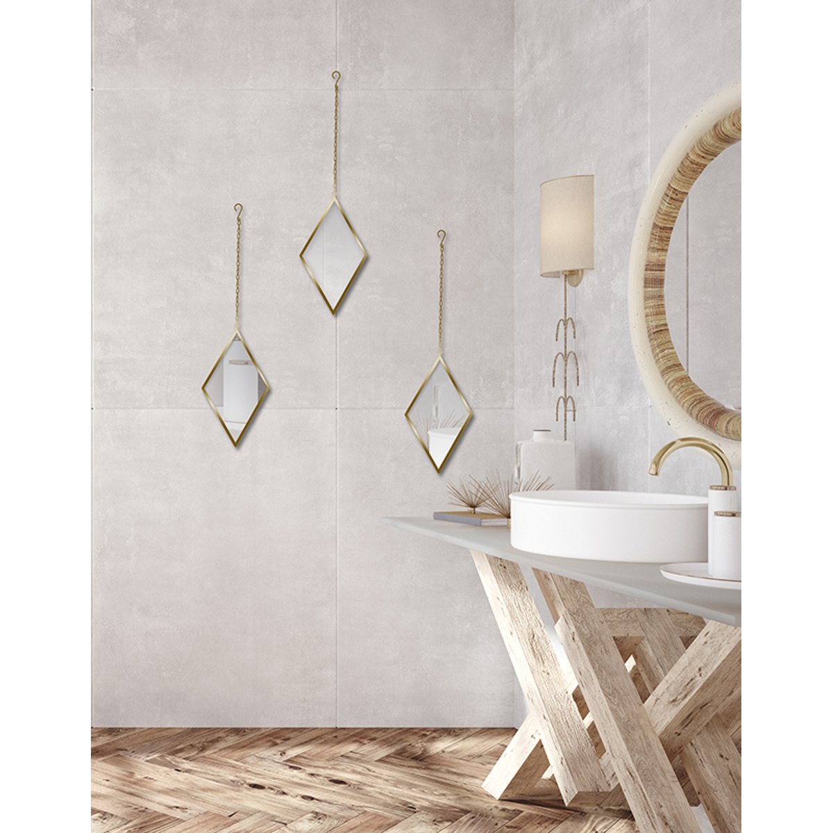 Miroir losange avec attache métal 21x36cm or, EMDE
