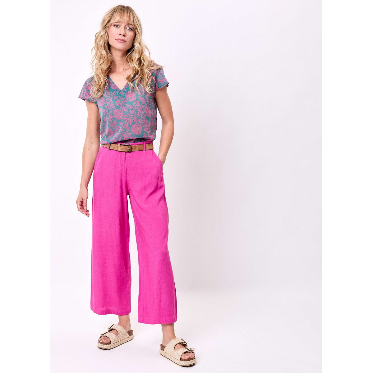 Pantalon large viscose lin 7/8 AMELIA rose dahlias, LA FIANCÉE