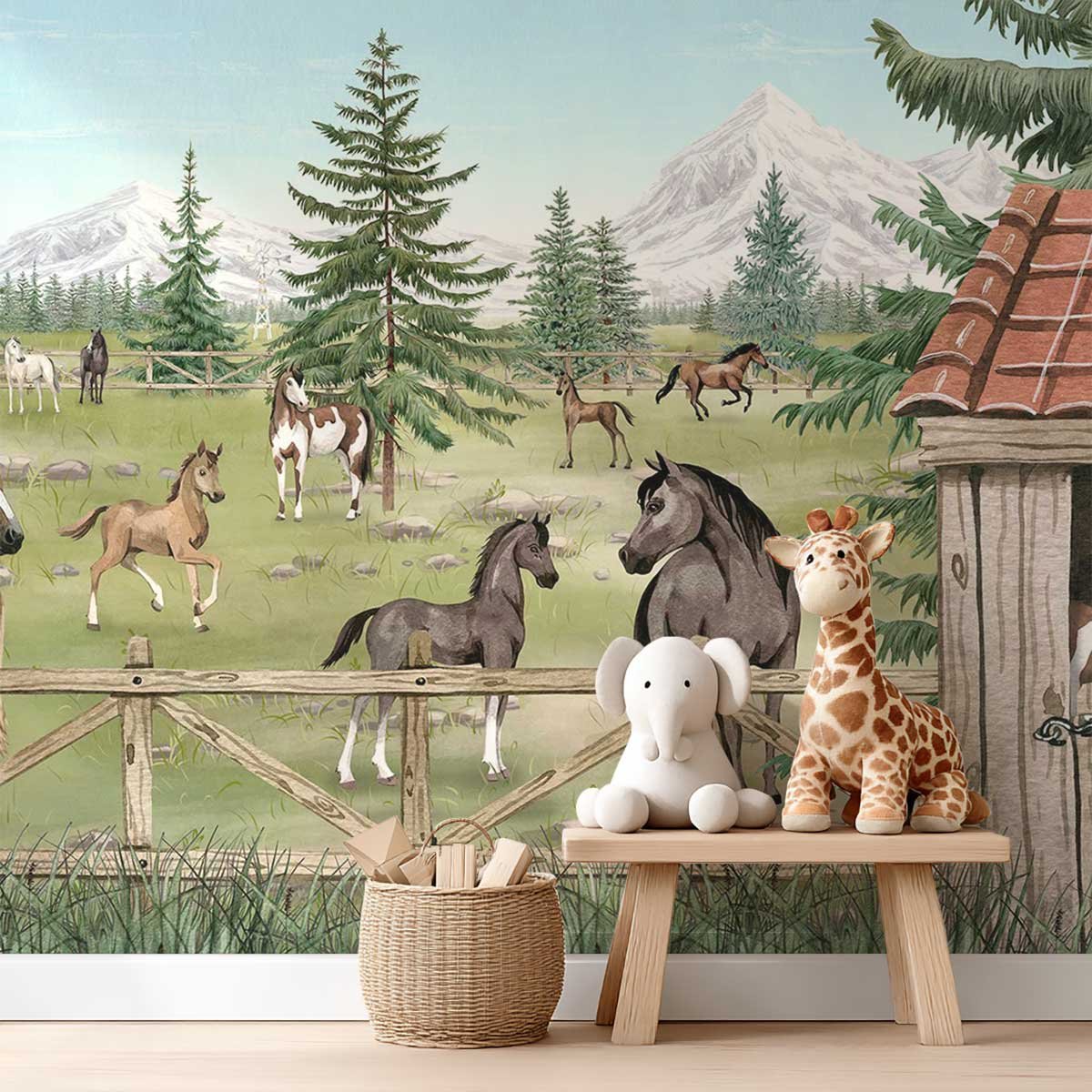 Papier peint chevaux et western chambre garçon vert, HEXOA