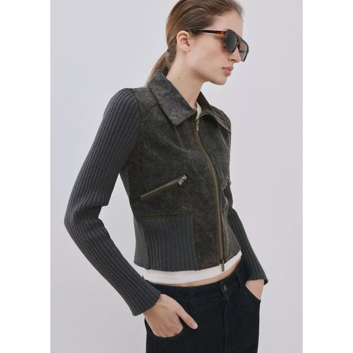 Veste en maille tissu combiné gris anthracite, MANGO