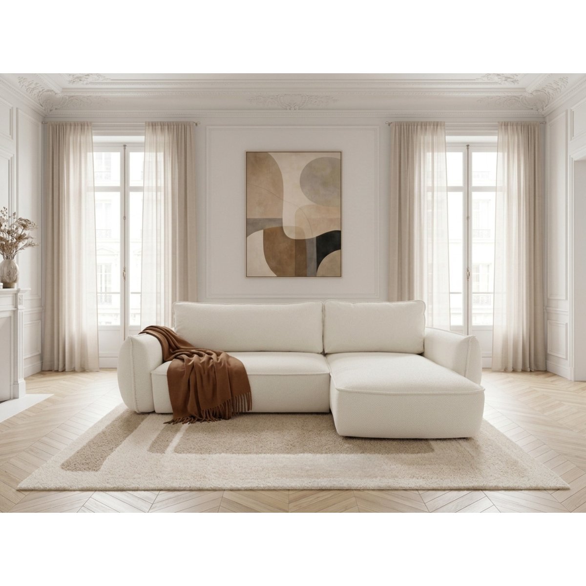 Canapé d'angle convertible 3 places en tissu chenille, ESMEE blanc, BOBOCHIC