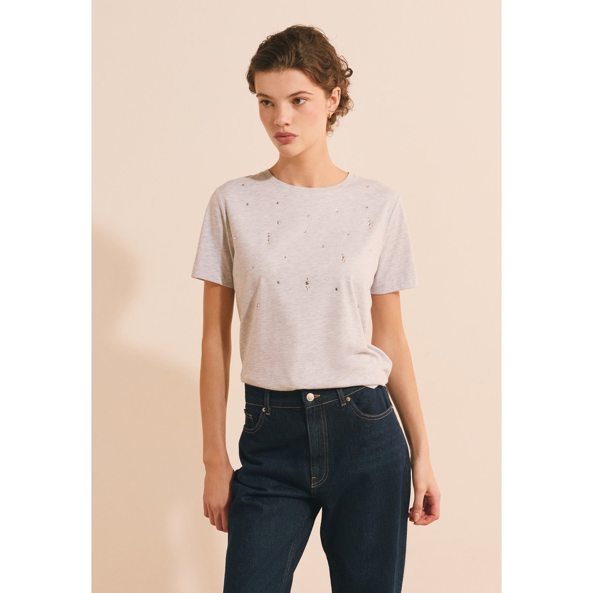 T-shirt à manches courtes en coton avec strass ALDWIN gris, ETAM