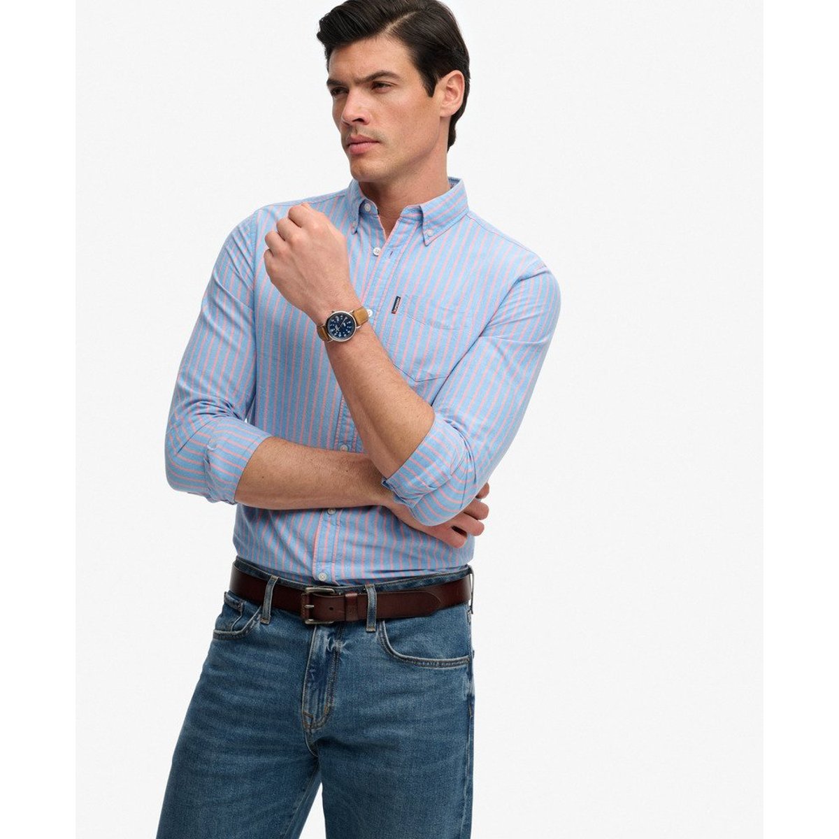 Chemise Oxford Essentielle à Manches Longues rayé bleu/rose, SUPERDRY
