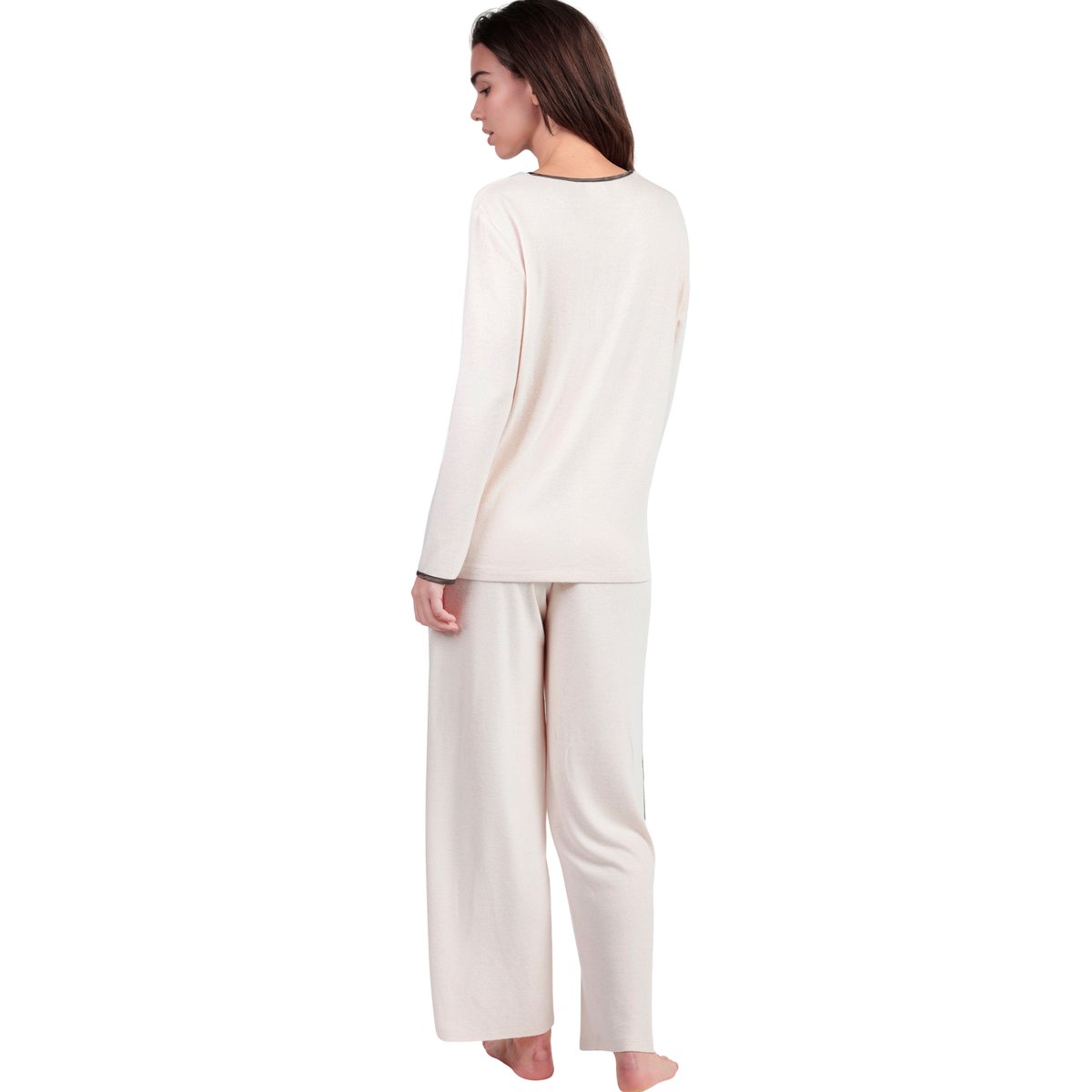 Pyjama pantalon top manches longues col V Elegant At Home beige, ADMAS