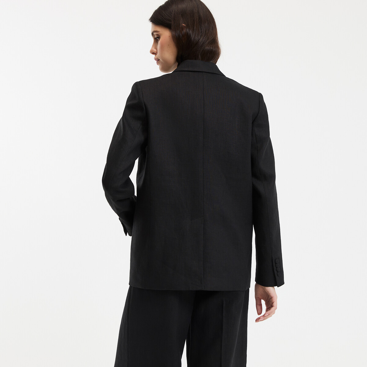 Blazer croisé coupe ample en lin noir, LA REDOUTE COLLECTIONS