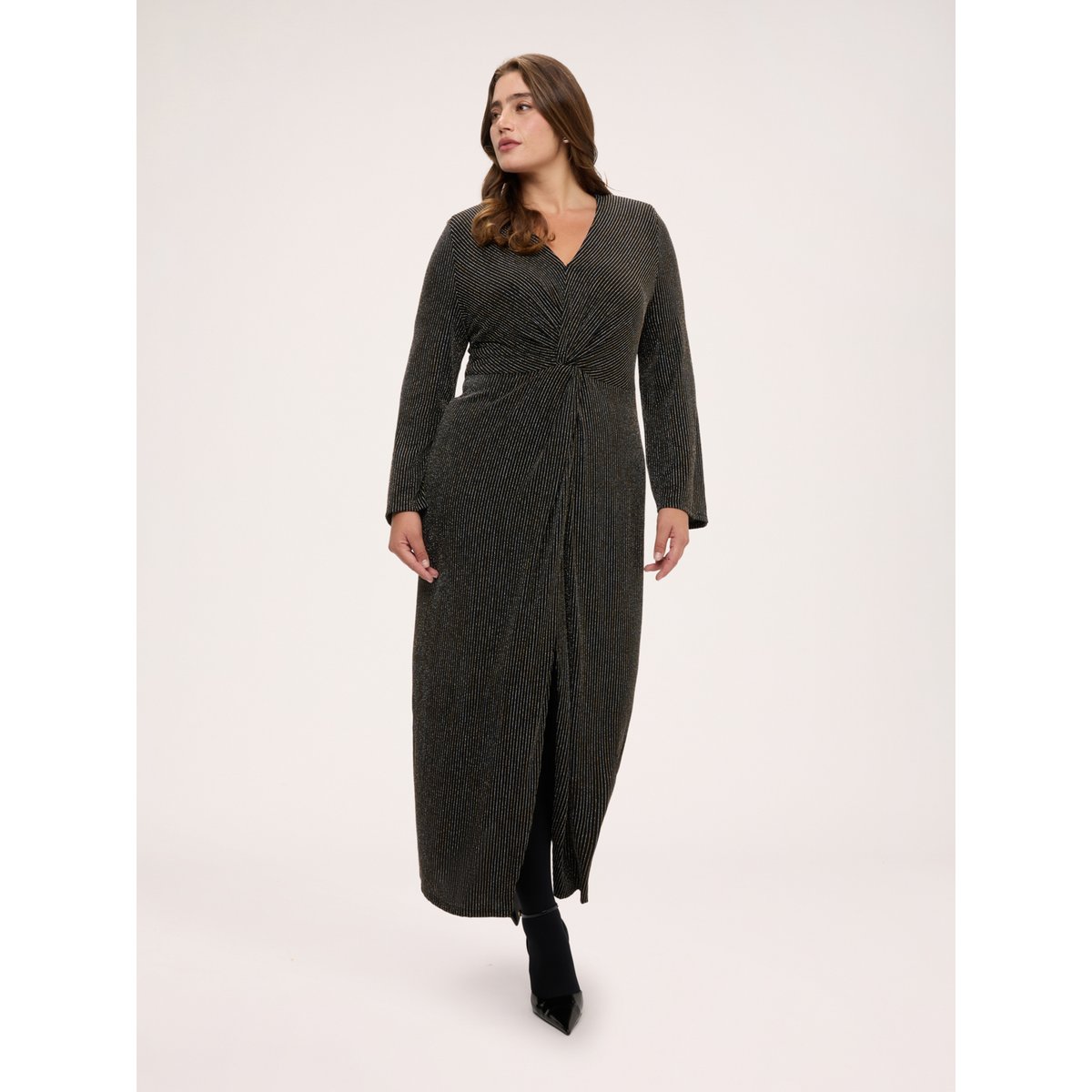 Robe portefeuille longue à col en V avec fente noir, FIORELLA RUBINO