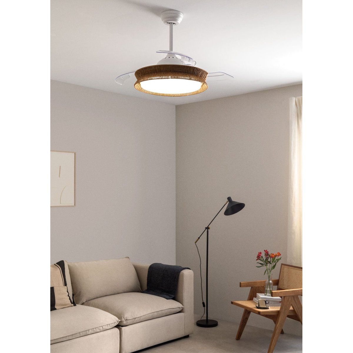 Ventilateur plafondsilencieux40 avec eclaraige avec Wi-Fi WIND CLEAR RATTAN blanc/tressage, CREATE