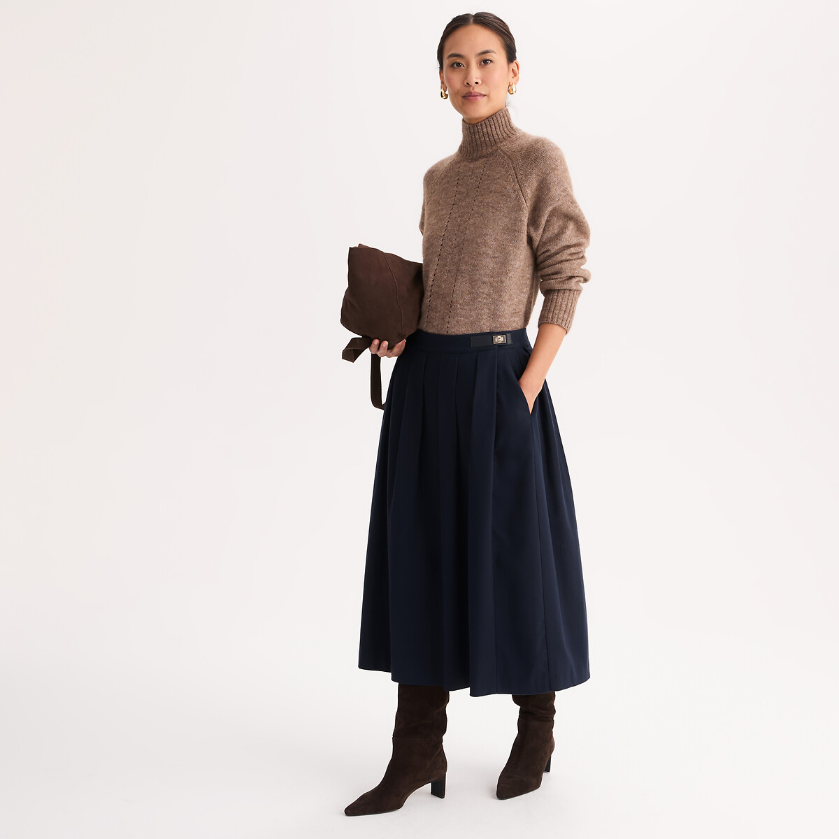 Jupe midi évasée, à plis, effet flanelle bleu marine, ANNE WEYBURN