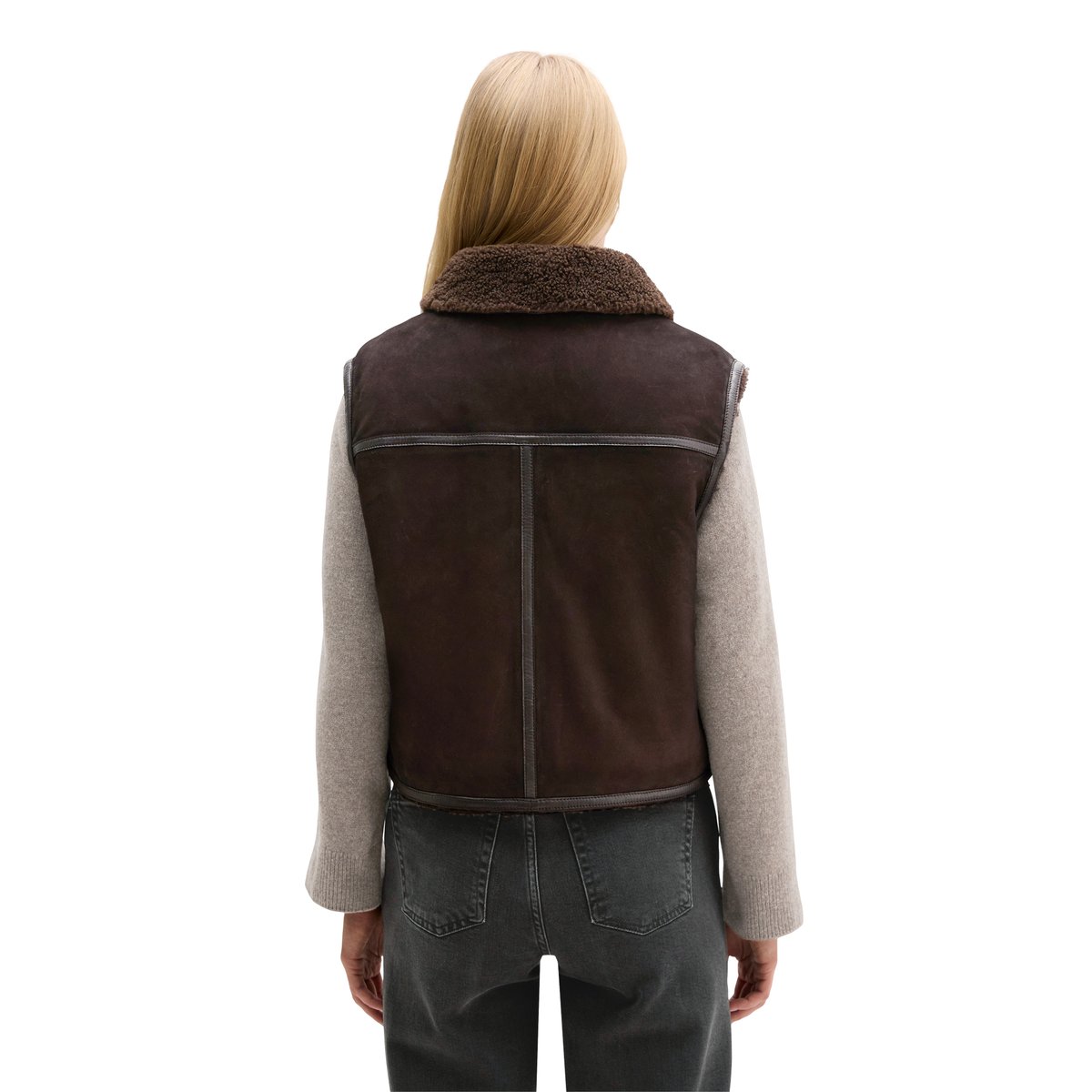Gilet en cuir coupe classique avec une doublure en peluche imitation fourrure à l'intérieur marron, MARC O'POLO